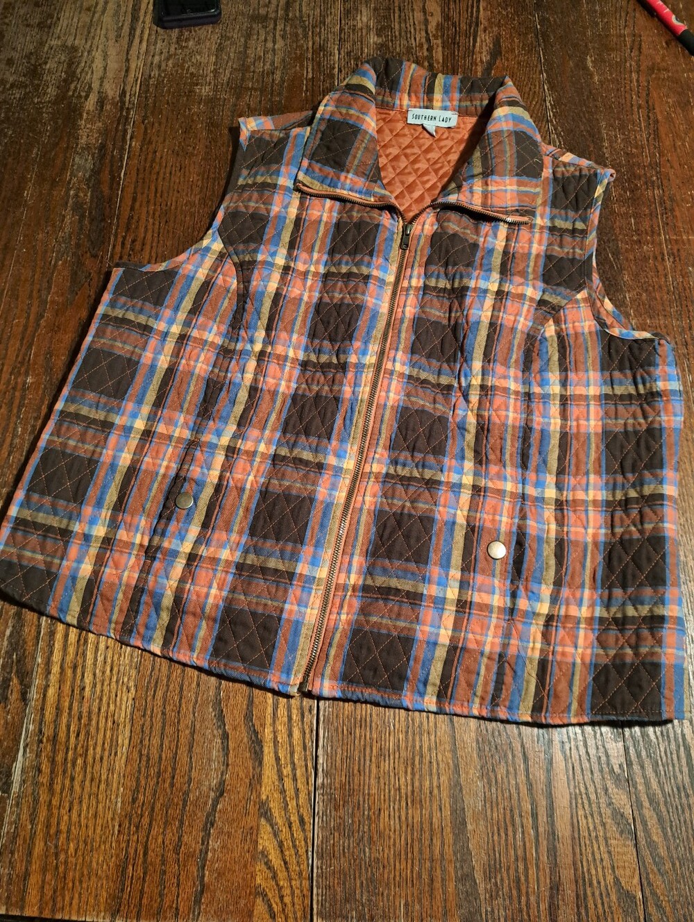 Southern Lady Plaid Quilted Vest Full Zip Plus Size 1X Orange Blue Brown Fall